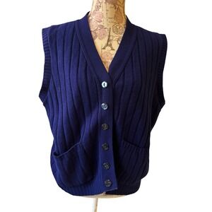 Vintage Classic Navy Blue Ribbed Knit V Neck Button Front Vest Sleeveless Pocket